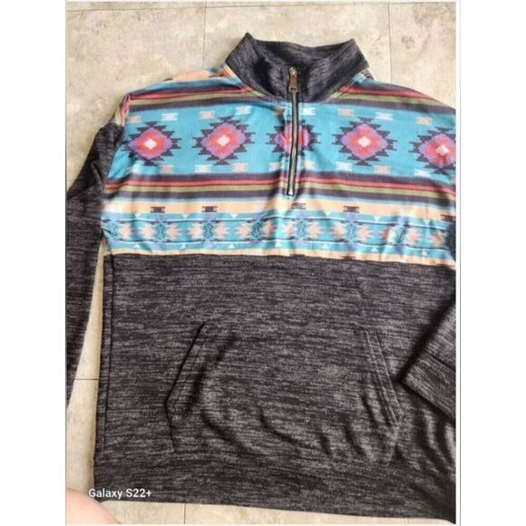 No Brand Tops - O10 Quarter zip heather gray athletic shirt w pockets & Southwestern design